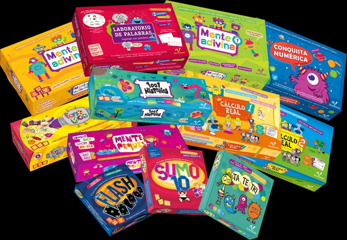 Las cajas de los juegos didácticos de Divermente apiladas en abanico